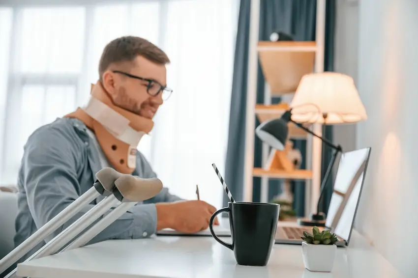 Car accident injury victim writing daily symptom journal to document delayed pain and physical limitations for Georgia personal injury claim