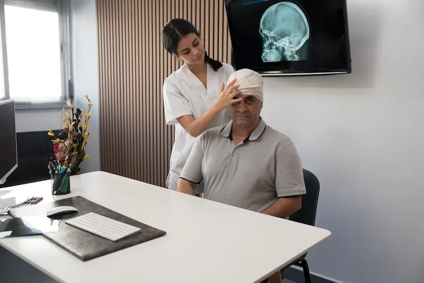 Doctor performing medical evaluation on car accident victim showing concussion symptoms in Atlanta
