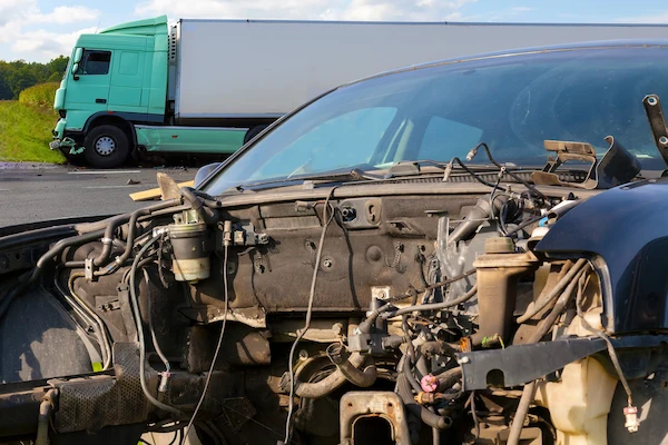 A closeup shows a car after a semi-truck accident in Atlanta.